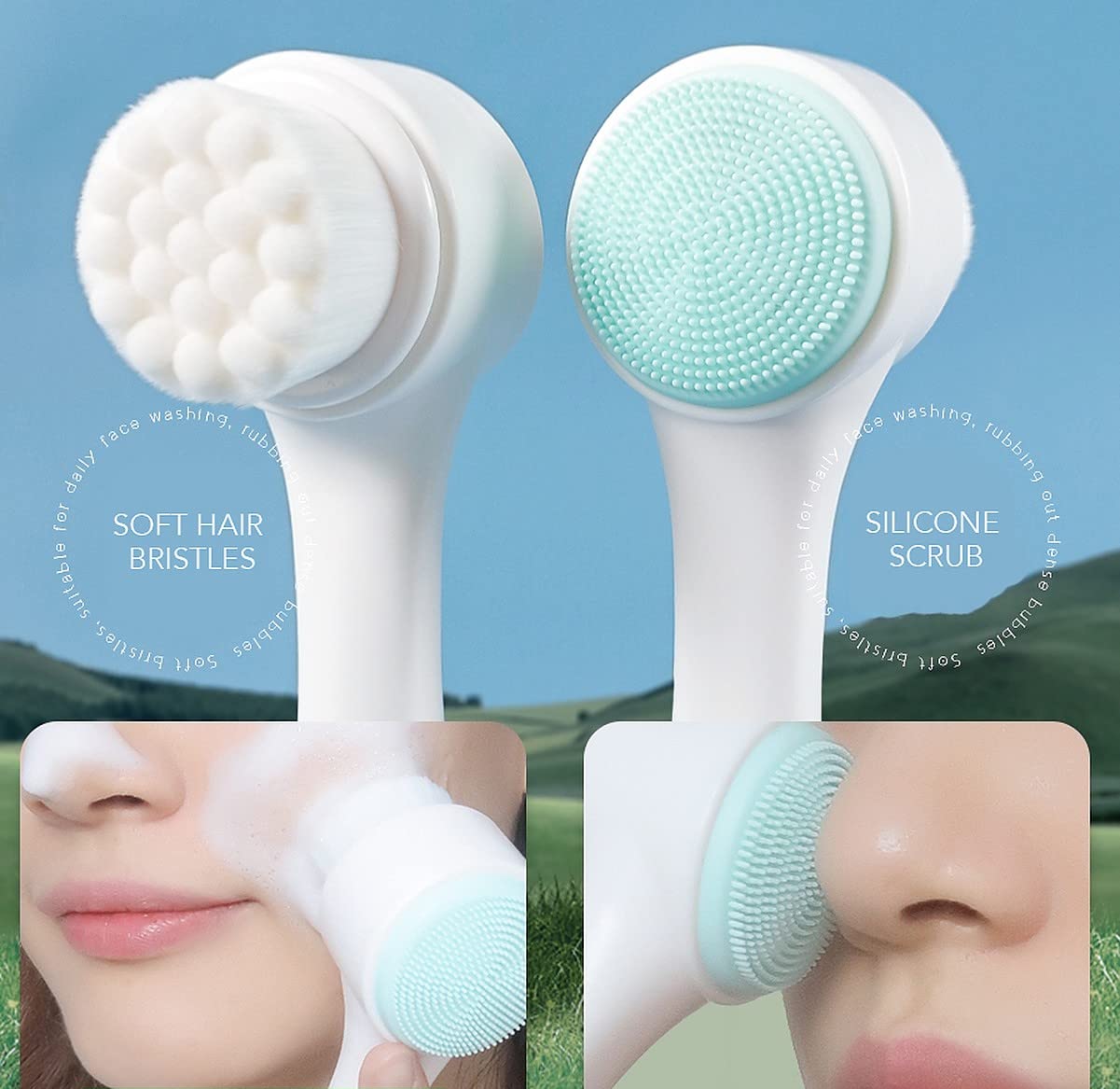 20552 Manual Facial Cleansing brush, 2-in-1 Skin Care face brush, silicone facial scrubber Manual Dual Face Wash Brush for Deep Pore Exfoliation Massaging