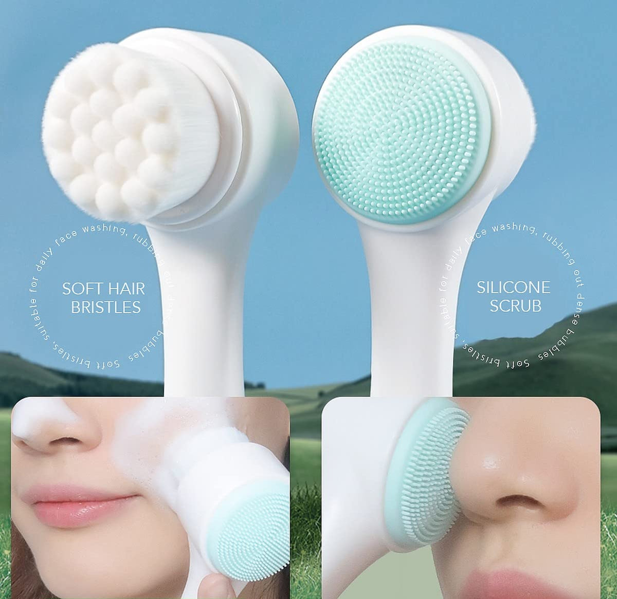 20552 Manual Facial Cleansing brush, 2-in-1 Skin Care face brush, silicone facial scrubber Manual Dual Face Wash Brush for Deep Pore Exfoliation Massaging