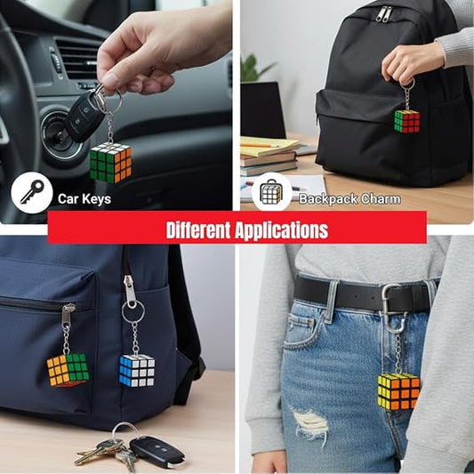 20878 (Pack Of 12) Rubix Cube Keychain Pack | 3x3 Magic Cube Keyring Puzzle Toy | Cartoon Keychains For Kids | Birthday Return Gifts, Party Favor Keychains Set