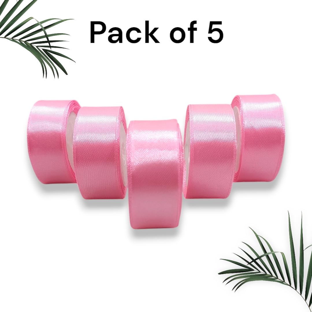 20497 Satin Dark Pink Ribbon 1 Inch 10mtr Each Baby Pink Pink Satin Ribbon (Pack of 5)