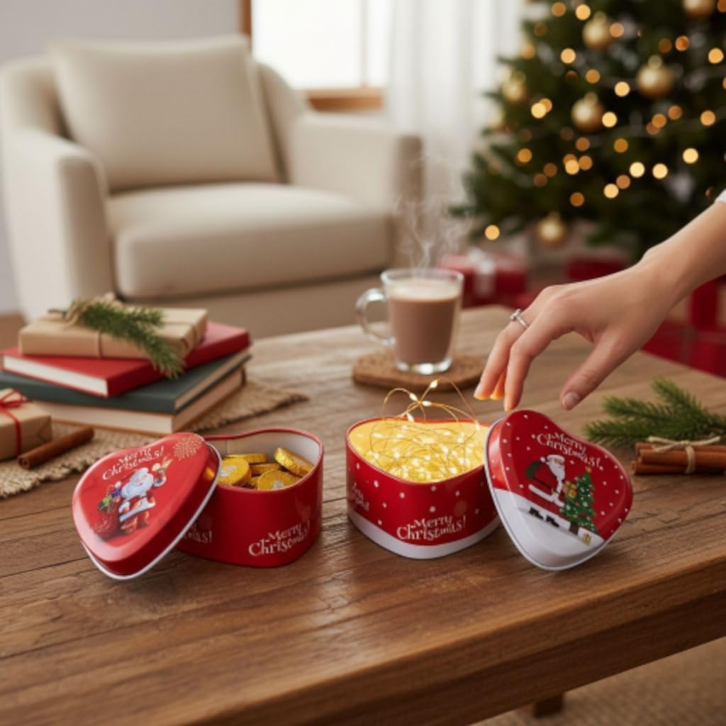 30306 Christmas Heart-Shaped Tin Box, Red Metal Storage Containers with Holiday Designs, Decorative Gift Boxes