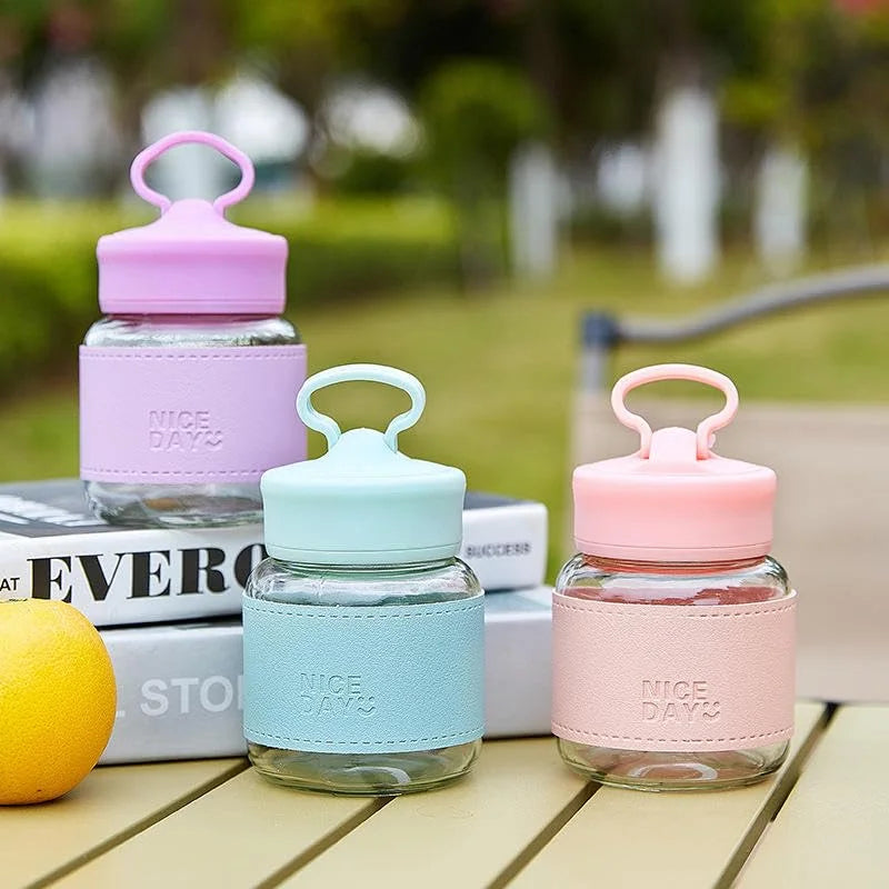 20161 Glass Water Bottle 300ml – Pangpang Chubby Cup Design with Mobile Phone Holder {Multicolor}