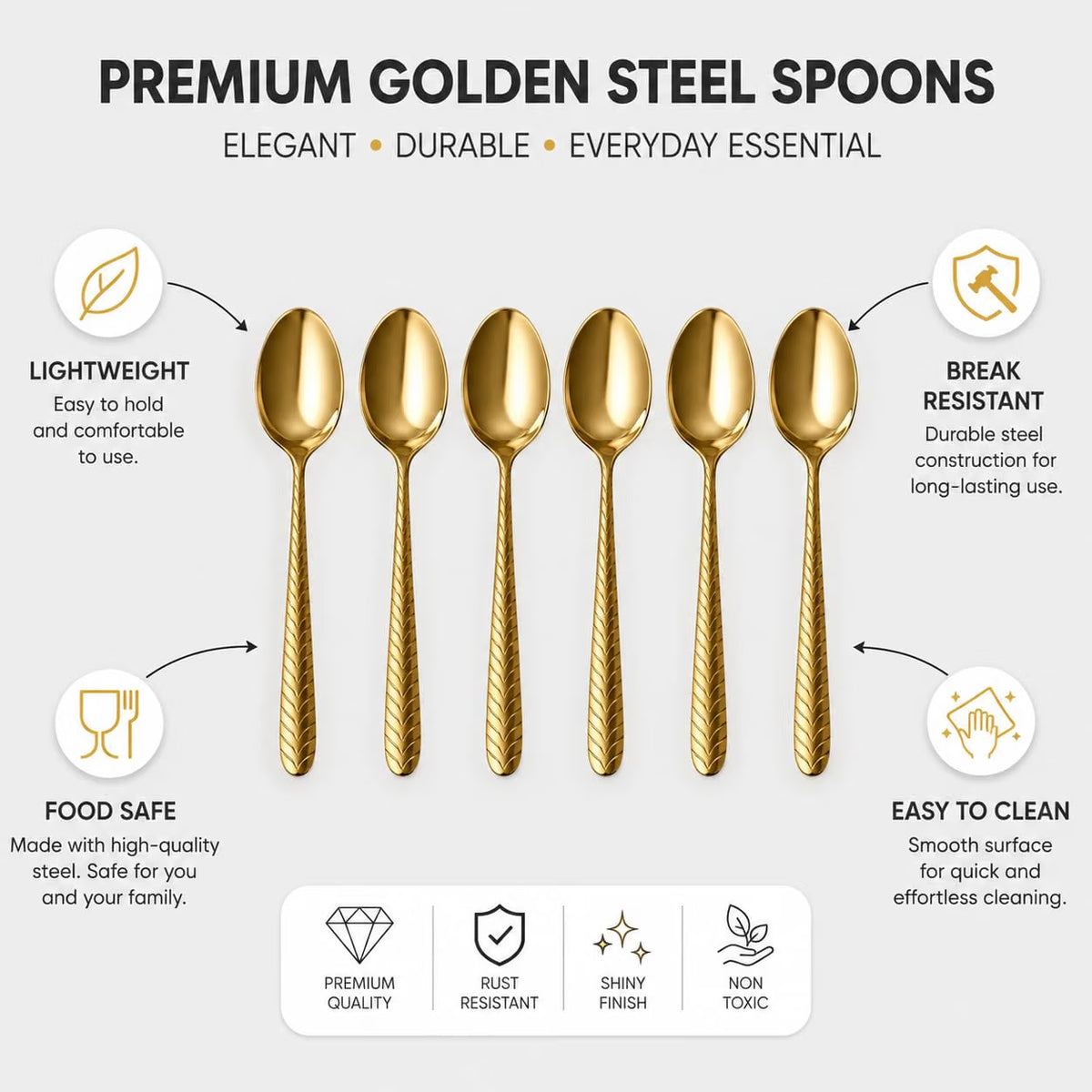 21237 Golden Steel Spoons Set of 6 Shiny Mirror Finish Rust Resistant & Food Safe Lightweight Stainless Steel Spoons for Dining, Tea, Coffee & Desserts Easy to Clean Cutlery Set