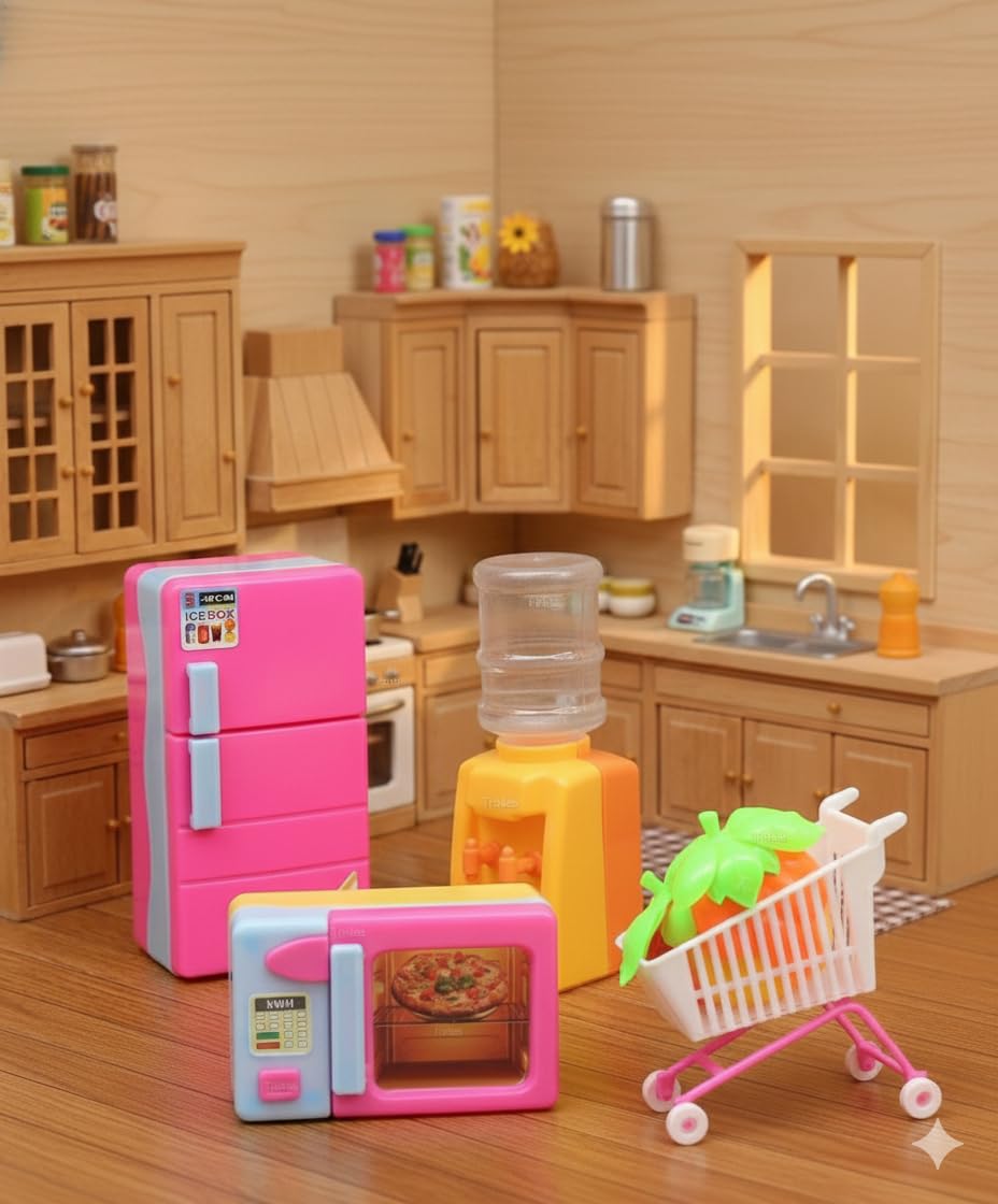 10572 Toy's 4-in-1 Mini Kitchen Appliances Play Set, Includes 15cm Refrigerator, Microwave, Water Dispenser & Shopping Cart with Fruits