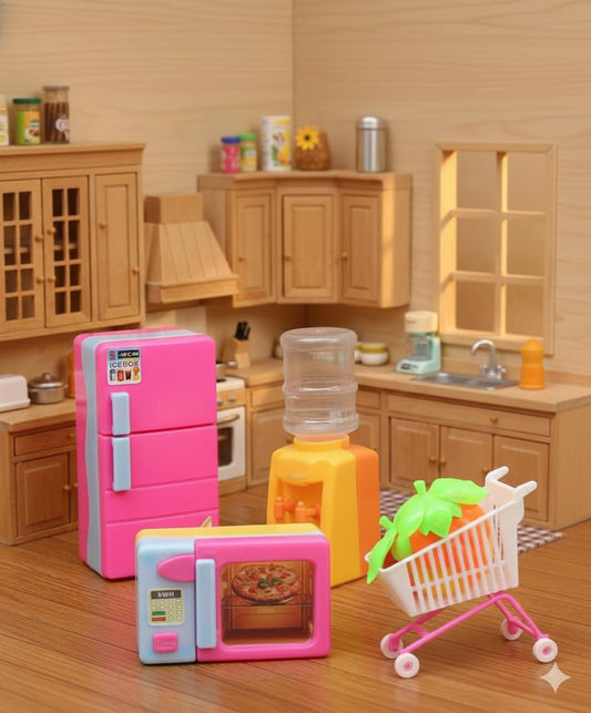 10572 Toy's 4-in-1 Mini Kitchen Appliances Play Set, Includes 15cm Refrigerator, Microwave, Water Dispenser & Shopping Cart with Fruits