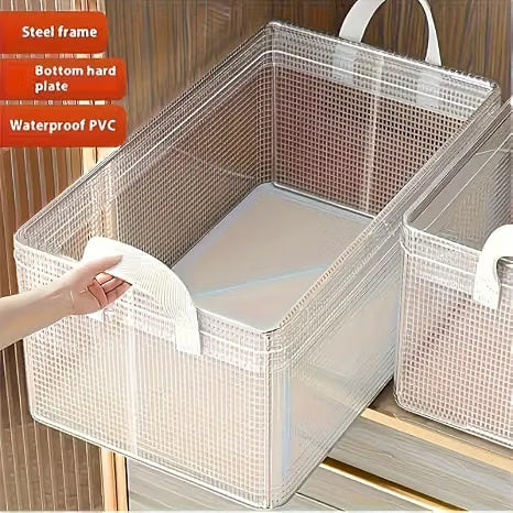 21248 Transparent foldable cloth organizer 26l | Steel Frame Wardrobe Organizer | Foldable Clothes Storage for cloth, toy, blanket | Foldable Non Woven Wardrobe Organizer Clothes Container