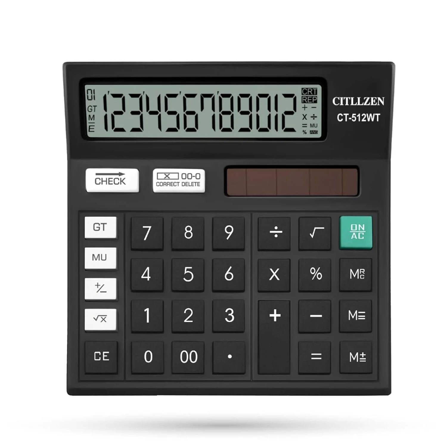 CT-512WT Desktop Calculator, 12-Digit LCD Display, Black, Solar and Battery Powered, Basic Office Calculator