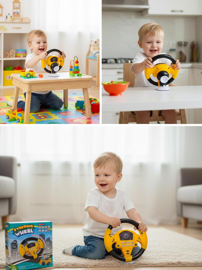 KX1703  Kids Interactive Racing Steering Wheel Toy with Sound & Light – Educational Driving Simulator for Children {Random Color}