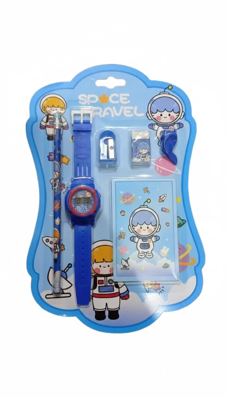GBT-8454 6 in 1 Stationery Gift Set for Children , Stationery Supplies Bundle with Digital Watch, Sharpener, Eraser, Pencils, Notebook & Cap Return Gift for Kids