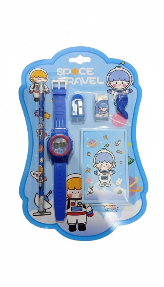 GBT-8454 6 in 1 Stationery Gift Set for Children , Stationery Supplies Bundle with Digital Watch, Sharpener, Eraser, Pencils, Notebook & Cap Return Gift for Kids