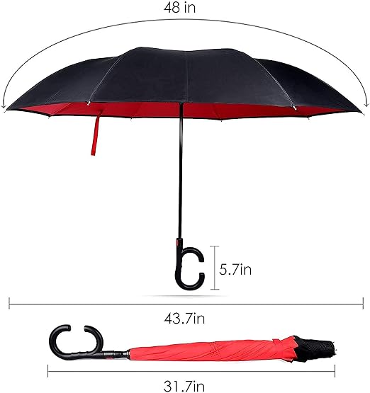 20769 Folding Umbrella with C-Shaped Handle | Inverted Double Layer Windproof Umbrella | Self Standing Drip-Free Design | Waterproof Travel Umbrella for Men & Women {Random color}