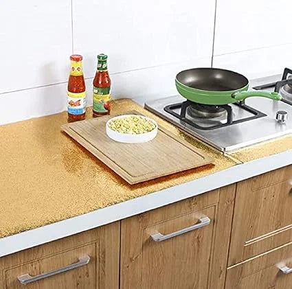 2588 Golden Curly Kitchen Shelf Adhesive Sheets, Kitchen Stickers for Wall, Waterproof Wallpaper