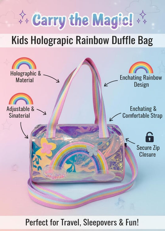 50346 Happy HuesMagical Holographic Duffle Bag for Girls – Trendy Water-Resistant Kids Travel Bag with Rainbow Straps & Butterfly (Rainbow Duffle) { Size-30cm*27cm*26cm*}