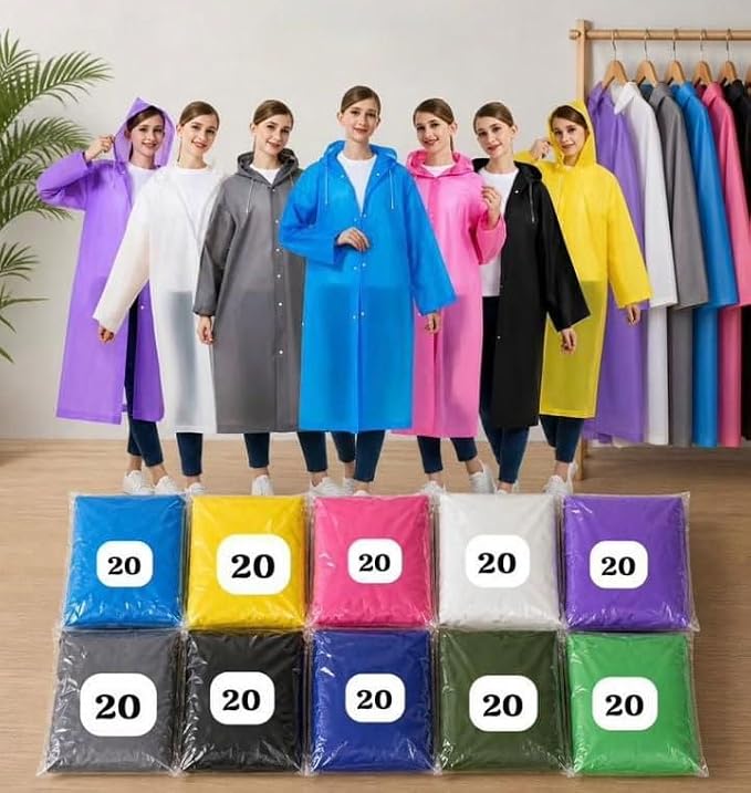 20717 Waterproof PE Plastic Raincoat with Hood for Men & Women | Lightweight Reusable Rain Wear | Snap Button Closure | Portable Emergency Outdoor Rain Protection {All age}