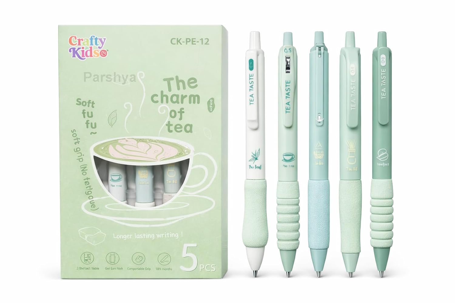CK-PE-12 {5Pcs} Soft Grip Gel Pen Set 0.5mm Fine Tip Smooth Writing Pens Cute Aesthetic Pink Or Green Gel Pens for School College Office Journaling Gift for Kids