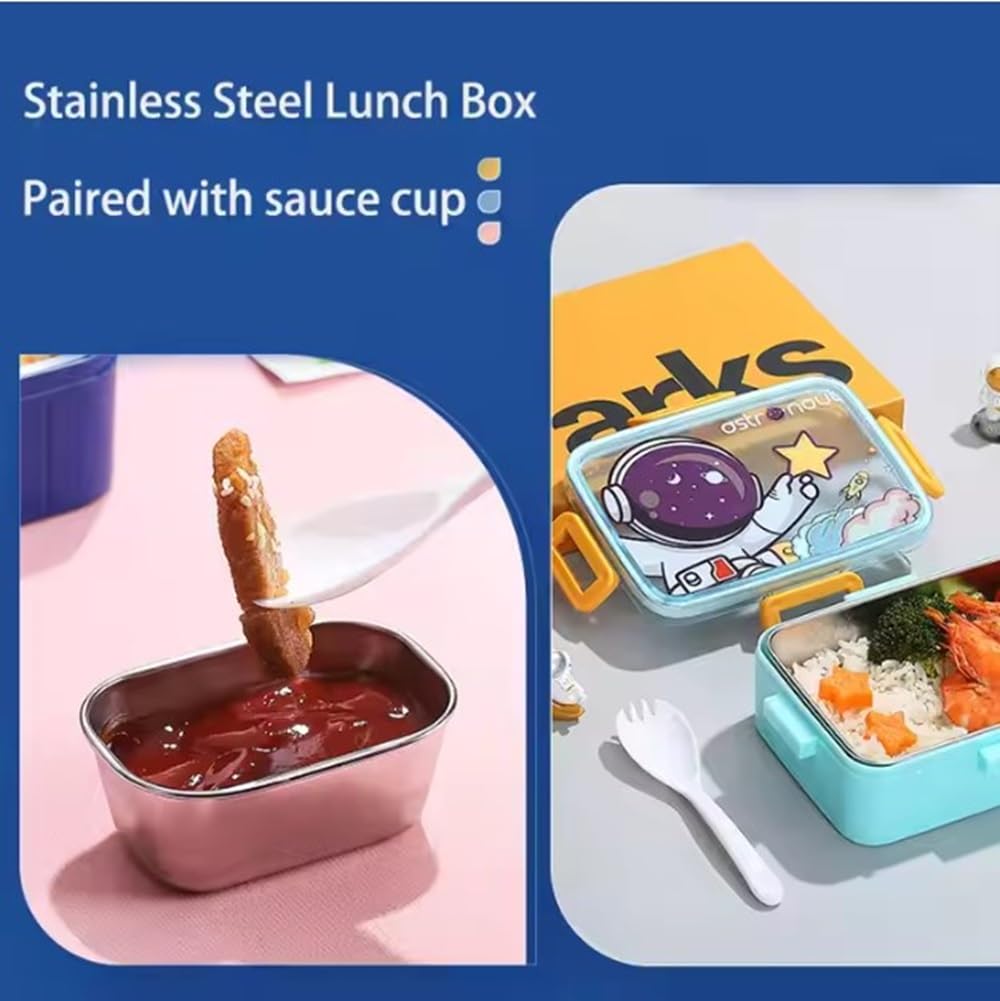 2576 Kids Cartoon Lunch Box – 600ml + 100ml Stainless Steel Tiffin with Extra Bowl | Leakproof, BPA-Free & Cute Designs (Dino, Unicorn, Panda, Space)