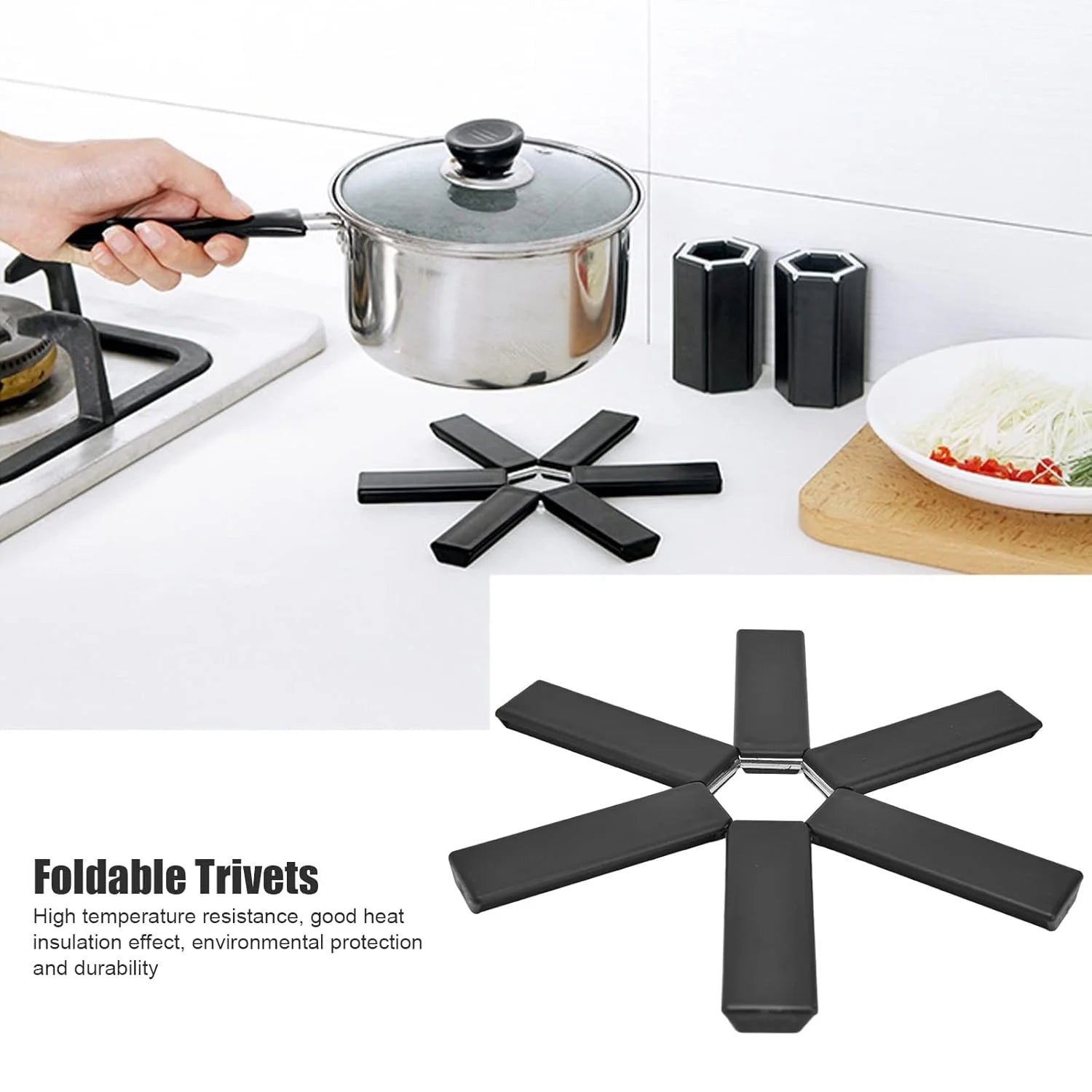 10826 Folding Pot Mat, Foldable Trivets Black Heat Insulating for Dining Room for Pot