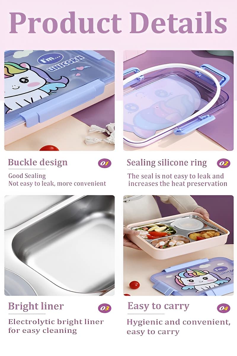 10670 Children’s Cute Unicorn Cartoon Printed 4 Compartment Stainless Steel Thermal Lunch Box with Soup Bowl, Spoon & Fork Leak Proof Reusable Tiffin Insulated Snack & Food Containers for School Kids {Random Color}