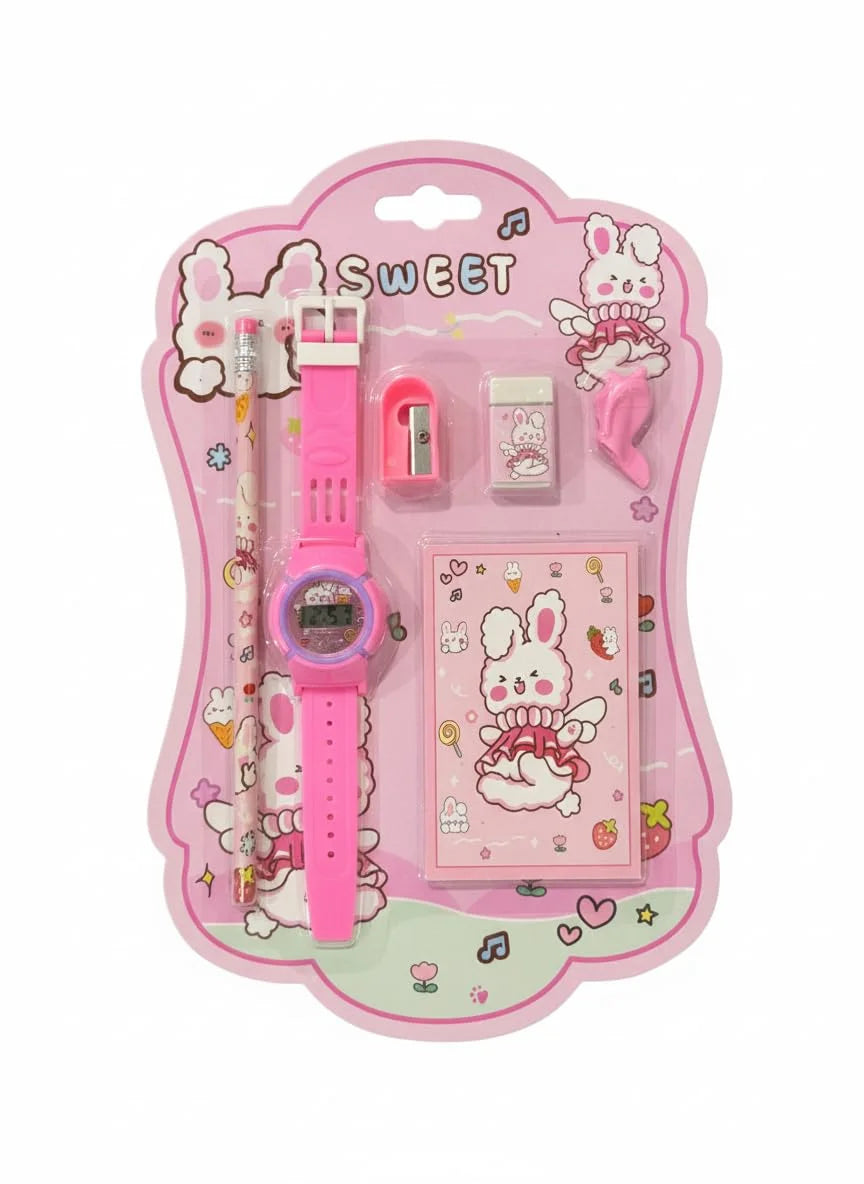 GBT-8454 6 in 1 Stationery Gift Set for Children , Stationery Supplies Bundle with Digital Watch, Sharpener, Eraser, Pencils, Notebook & Cap Return Gift for Kids