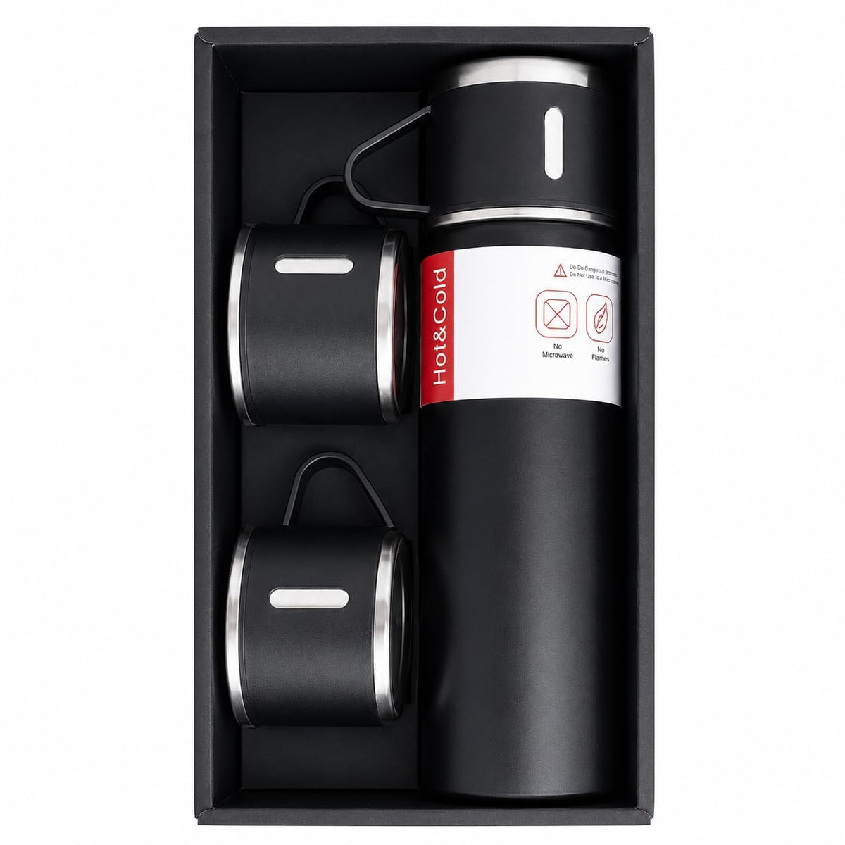 21278 Classic Black 500ml Stainless Steel Vacuum Insulated Thermal Flask with Twin Cups, Leakproof Hot & Cold Water Bottle for Travel, Office & Daily Use
