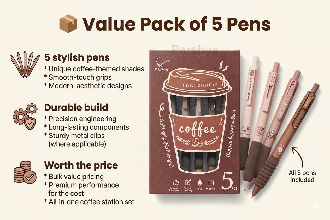 CK-PE-13 Coffee Theme Gel Pens Set of 5 | 0.5mm Fine Tip Blue Ink Pens | Soft Grip Smooth Writing Pens | Aesthetic Cute Stationery for Students, Office, Journaling & Gifts