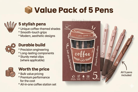 CK-PE-13 Coffee Theme Gel Pens Set of 5 | 0.5mm Fine Tip Blue Ink Pens | Soft Grip Smooth Writing Pens | Aesthetic Cute Stationery for Students, Office, Journaling & Gifts