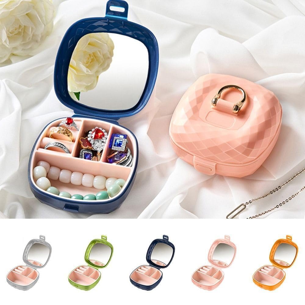 10489 Mini Jwellery Box with Mirror for Purse Plastic Lipstick Jewelry Organiser Box Mini Jewerly Storage Holder for Earrings,Ring, Necklaces Diamond Pattern