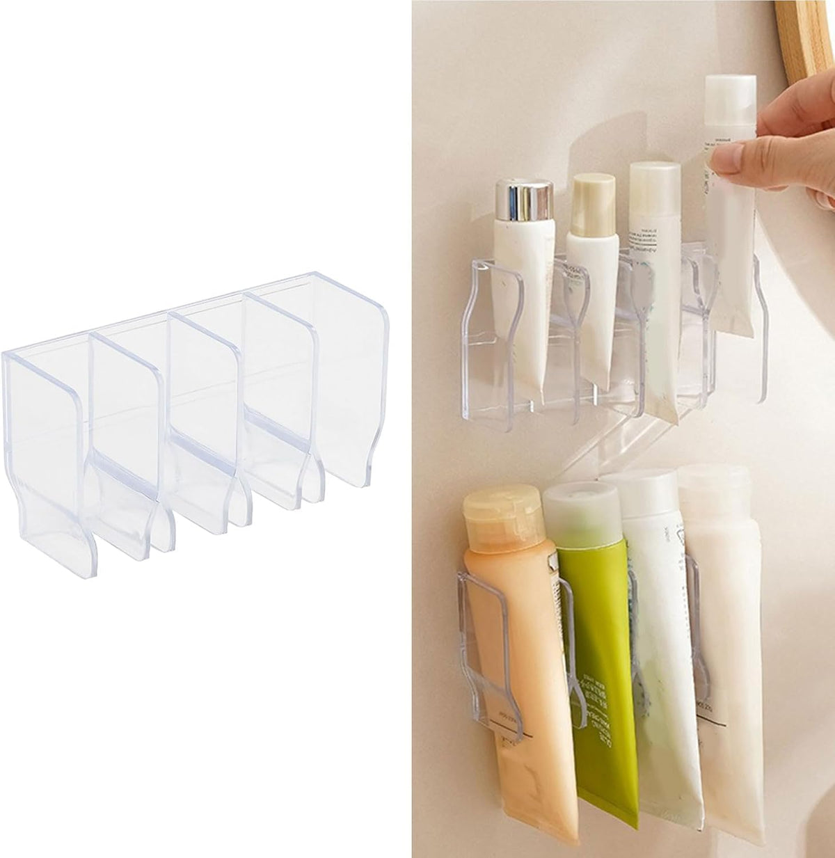 21374 Wall Mounted Cosmetic Organizer, 4-Grid Storage Caddy for Bathroom, No-Drill Plastic Storage Rack for Skincare, Toothpaste, Hand Cream, Stationery