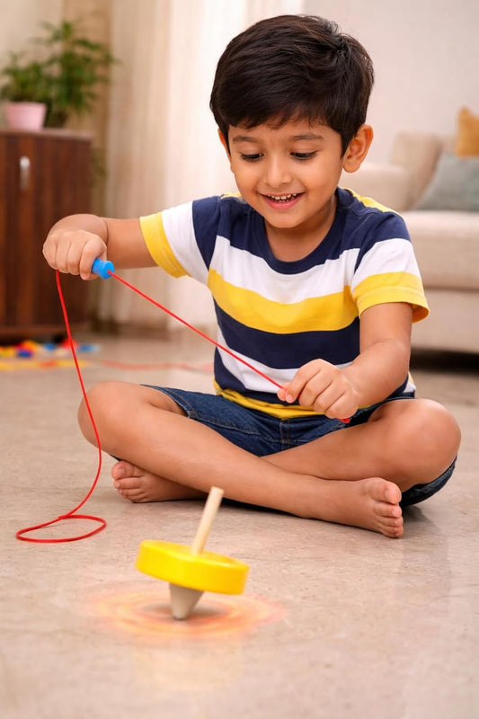 20684 Wooden Spinning Top Toy | Traditional Lattu Pambaram Buguri Bongaram | Classic Hand Spin Toy for Kids Fun Play Color May Vary
