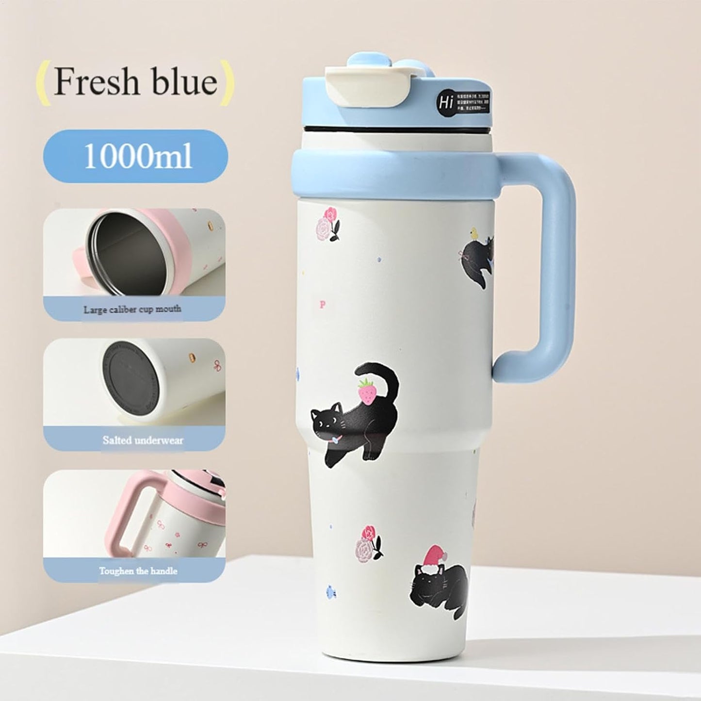 21138 Water Bottle Leakproof Tumbler Cup, Handle Vacuum Insulated Water Bottle for Coffee Drinks School Boys Girls Women Men 1000ml Tumbler Cup Handle Vacuum Coffee Drinks