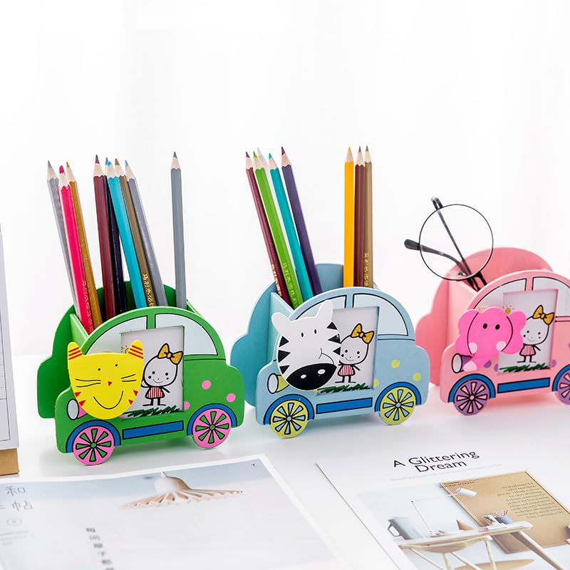20549 Wooden Pen Stand With Photo Frame | Pen Pencil Brush Craft Storage Container Holder | Birthday Gifts For Kids {Random Design}