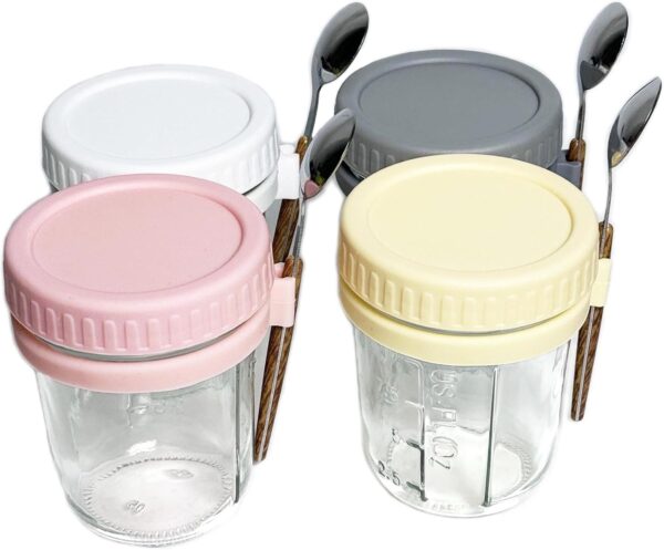 20128 Glass Oatmeal Overnight Cups with Airtight Lids and Spoons Leakproof Wide Mouth Food Storage Containers {Multicolor}