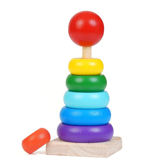 20691 Wooden Rainbow Stacking Ring Tower (Small) | Montessori Educational Toy for Toddlers | Shape & Colour Recognition Stacker Toy