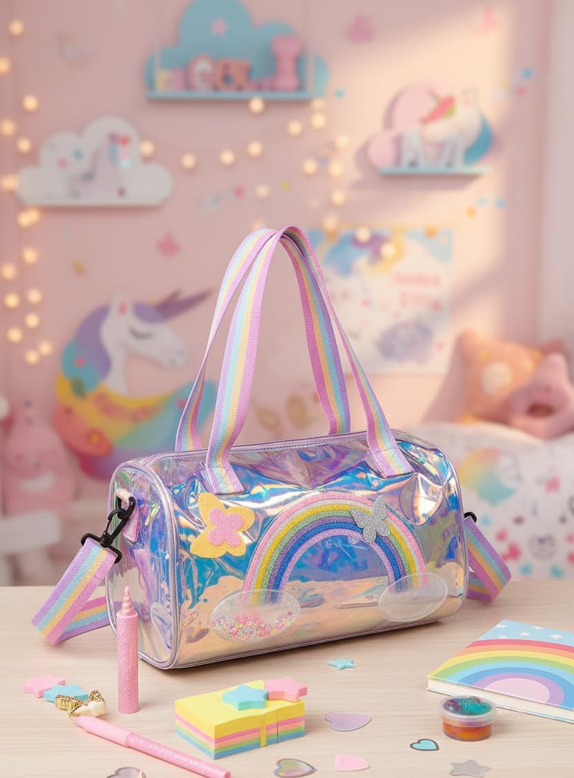 50346 Happy HuesMagical Holographic Duffle Bag for Girls – Trendy Water-Resistant Kids Travel Bag with Rainbow Straps & Butterfly (Rainbow Duffle) { Size-30cm*27cm*26cm*}