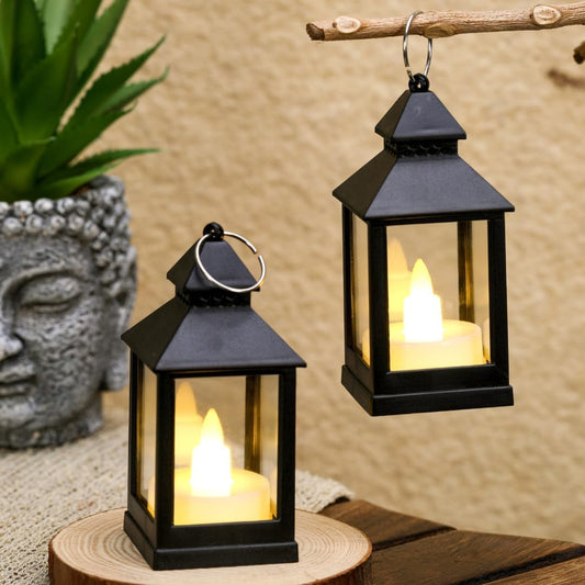 20307 Classic Style Lantern with Artificial Rustic Battery-Operated Flameless Candle Light for Home Decoration {Black/White}