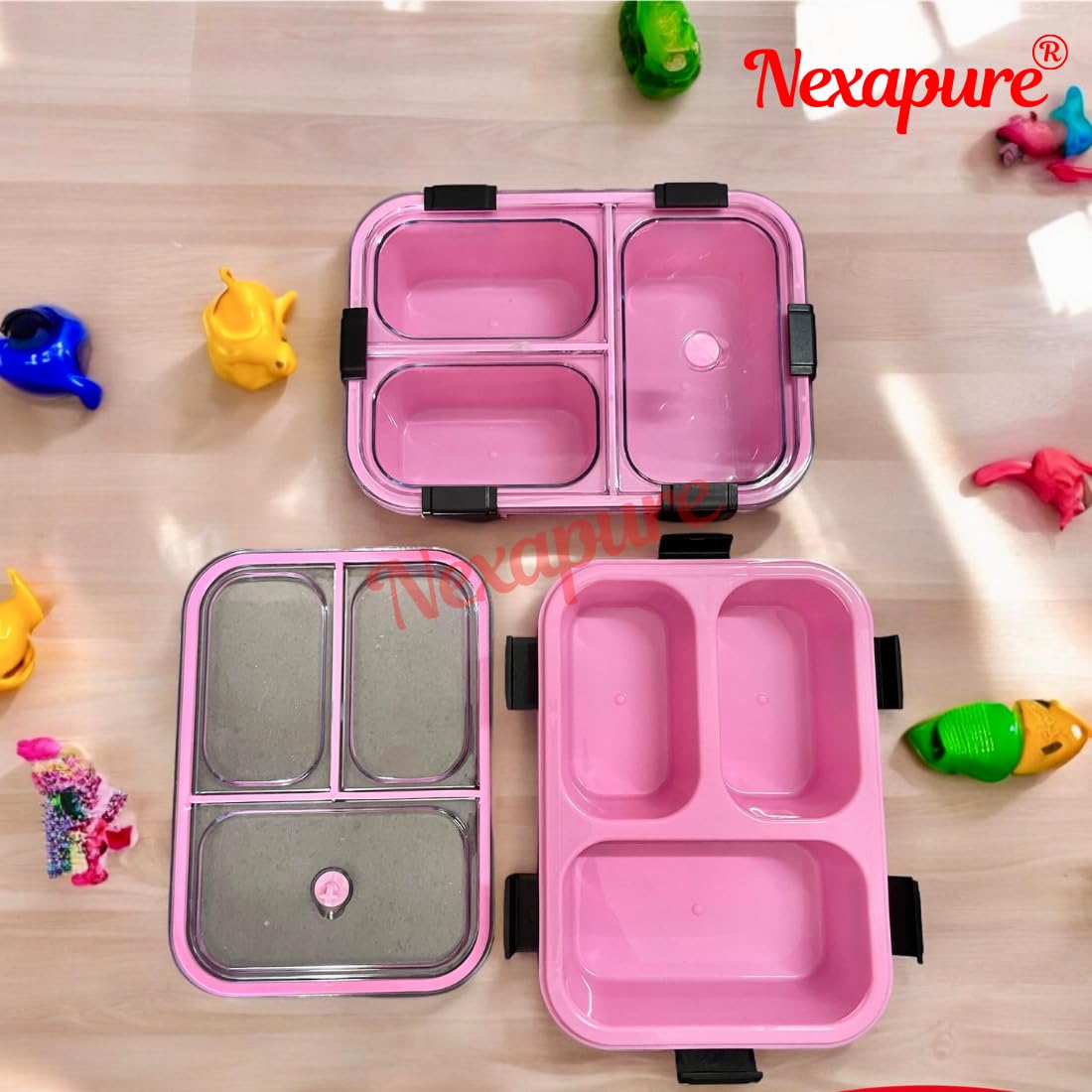 10512 3 Compartment Transparent Lid Tiffin Lunch Box | Silicone Seal Ring | For Kids And Adults Office Women And Men