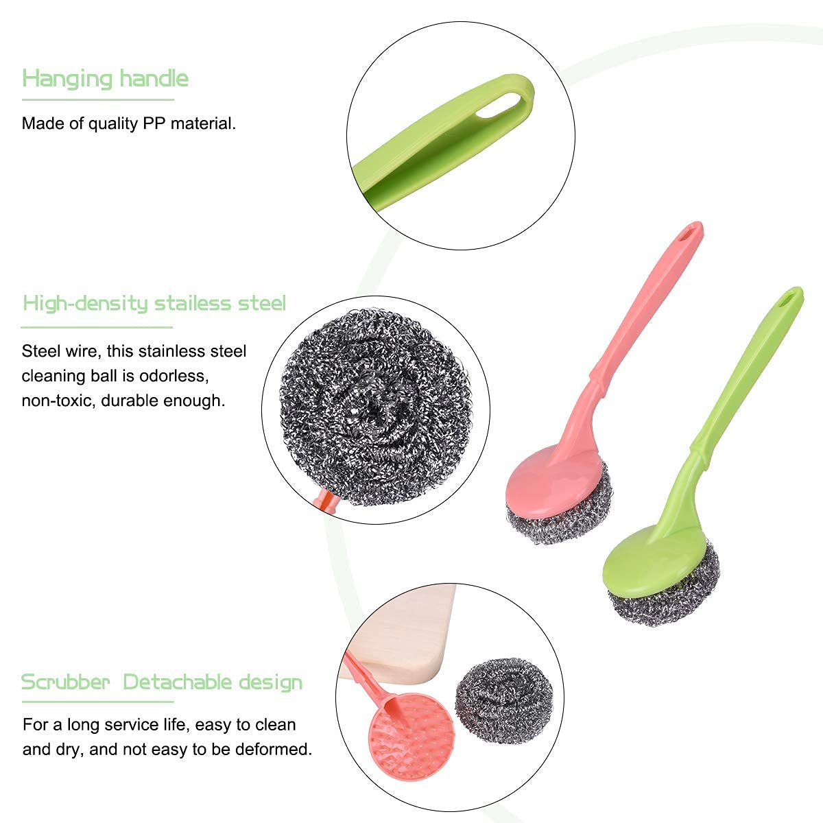 20973 Stainless Steel Scrubbers with Handle - 1 Handles + 3 Scrubber - Cleaning Ball Utensil Metal Scrubber Scouring Pads Ball for Pot, Pan, Dish Wash, Cleaning Rust, Dirty Cleaner {Muticolor}
