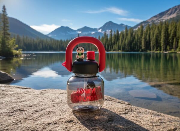 CK-3353 Cute Big Kettle Design 800ML Plastic Water Bottle with Panda & Heart-Shaped Cap ,Direct Sip & Straw Lid
