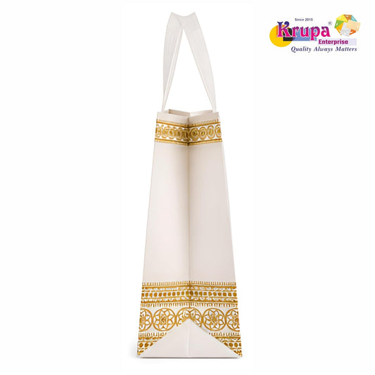 21365 Laminated Loop Handle Carry Bags Pack of 10 | Reusable Eco-Friendly Shopping Bags | Strong & Durable Grocery, Retail & Gift Bags | White with Golden Print (10x12x4 In)