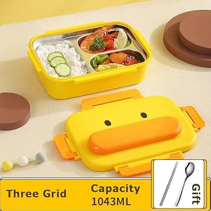 10669 Kids Bento Lunch Box, 316 Stainless Steel, 3-Compartment, Insulated Yellow Duck Design