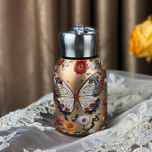 20568 Stainless Steel Small Water Bottle 300ML, Stylish & Portable Mini Insulated Thermos Cup, Butterfly Pattern Water Bottle for Vacuum Flask Hot & Cold Drinks for Gym