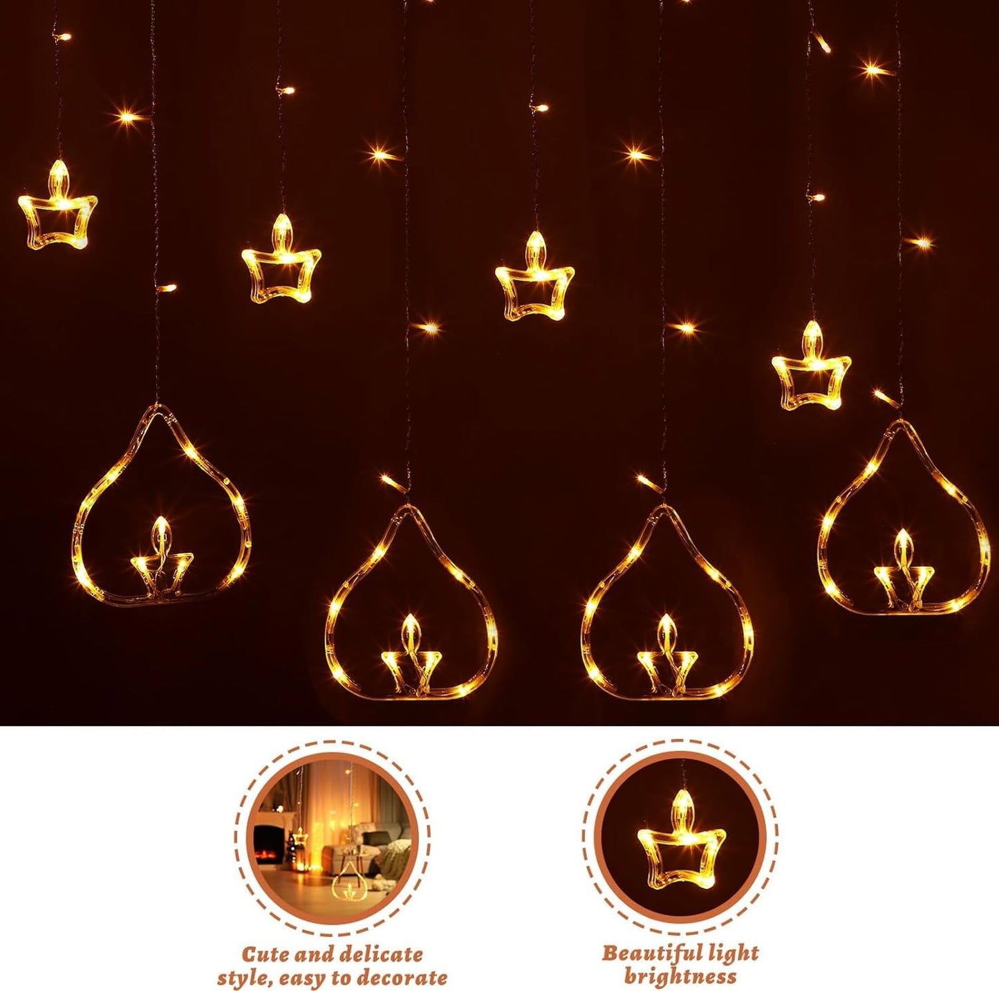 0520 Diya Lights Diwali String Curtain Lights – Warm White Indoor & Outdoor Lights for Home, Wall, Window, Indian Wedding, Garden