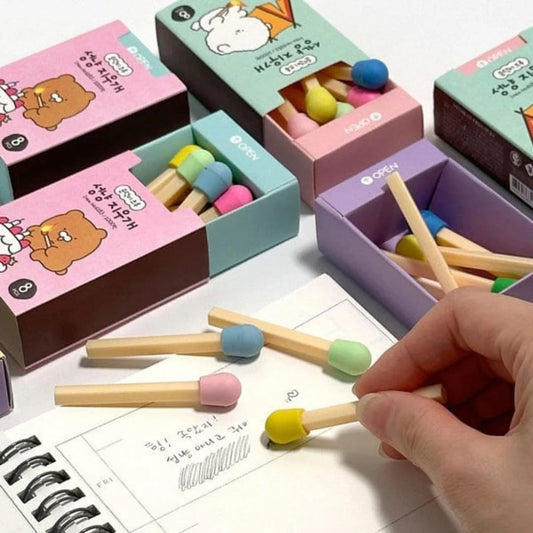 E8135 Matchstick Shape Eraser Set for Kids, Cute Matchbox Design, 8 Mini Cartoon Rubber Erasers, for School, Drawing & Stationery Collection