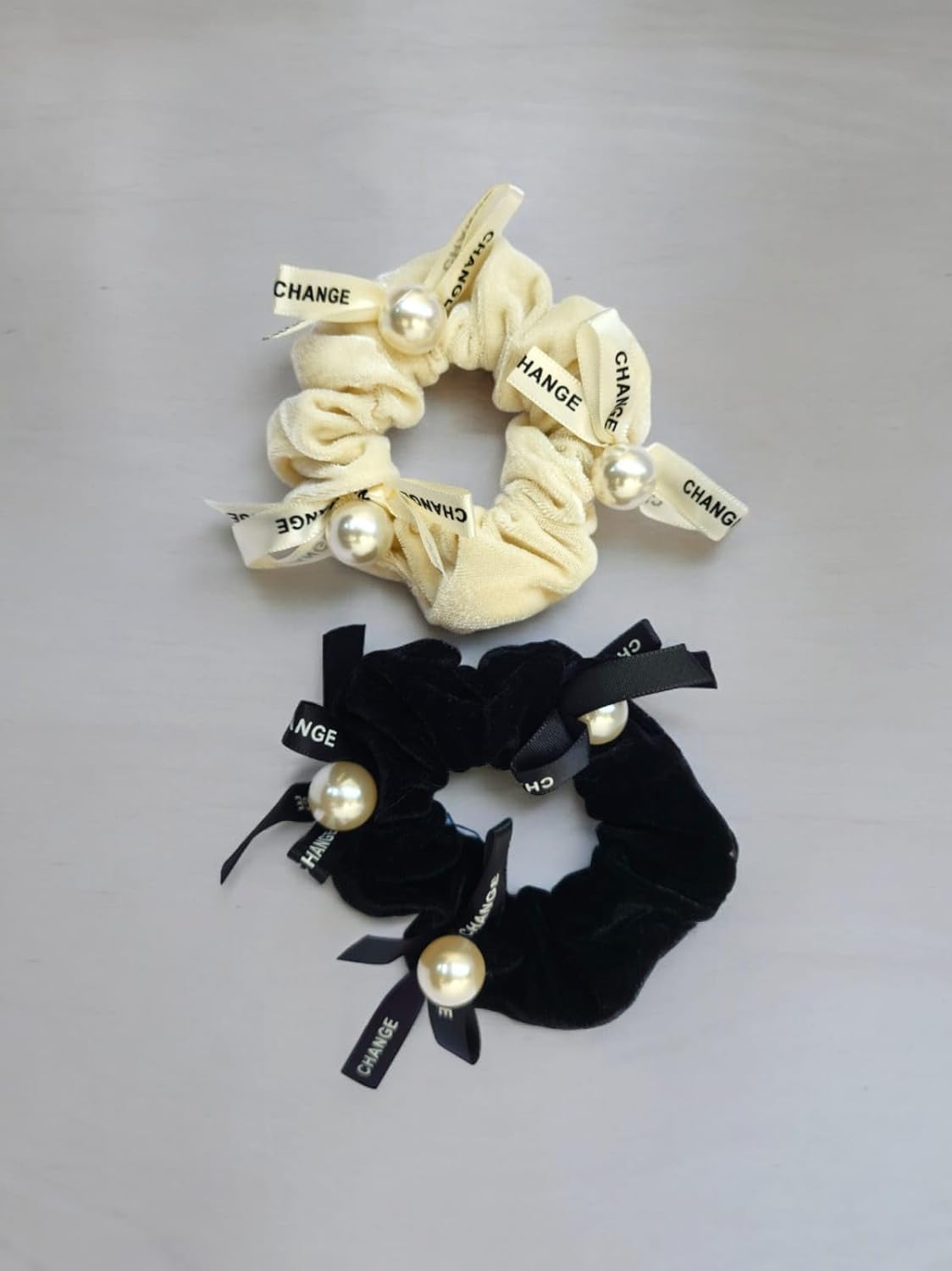 MAYA-606 Korean velvet cute scrunchies, Ponytail band, velvet Rubber hair ties, embelisshed with white pearl & Ribbon for women