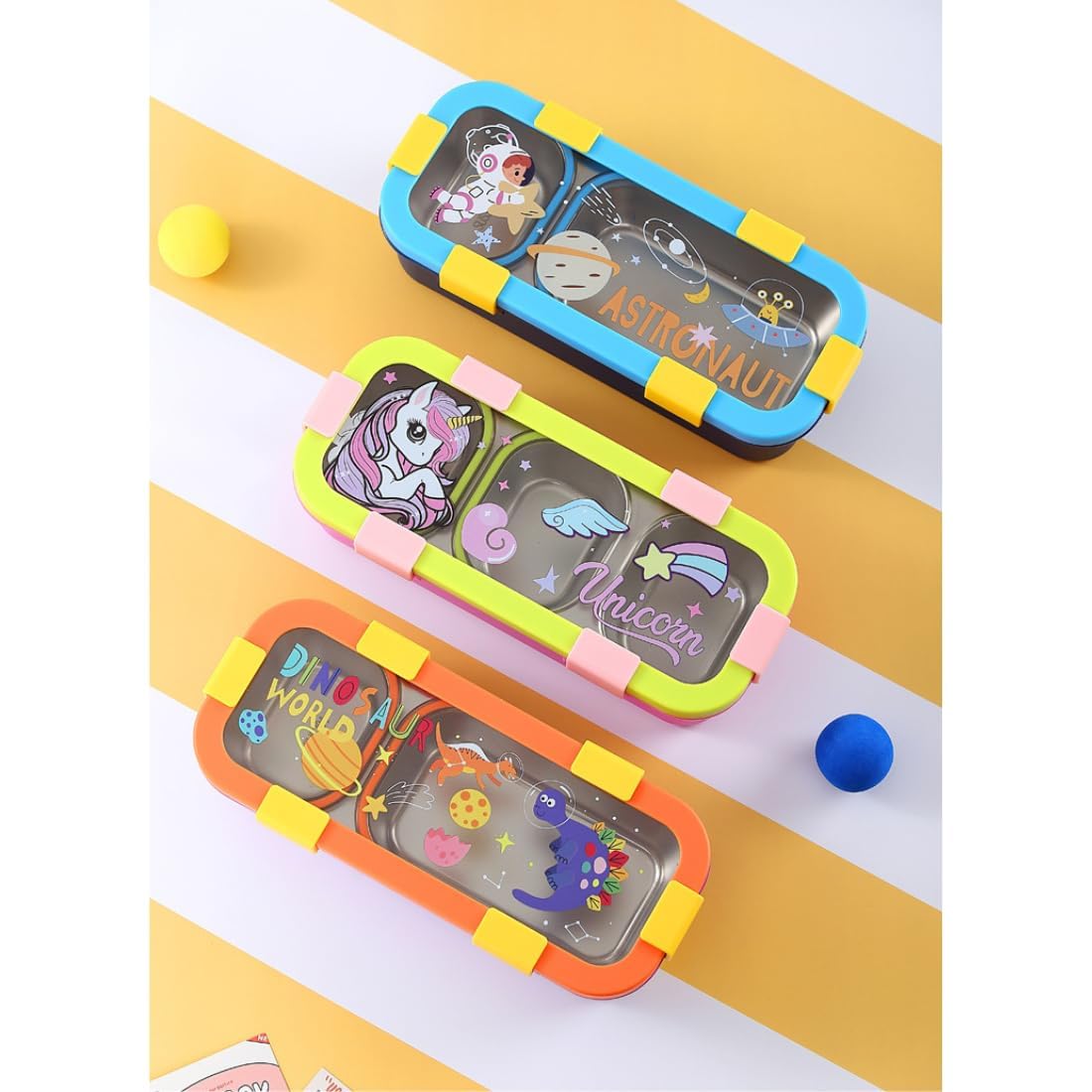 20482 Stainless Steel Kids Lunch Box 2 Compartment 600 ml Purple Astronaut Cartoon Design Tiffin Box with Spoon & Fork for School Leak Proof Resistant BPA Free Boys & Girls {Random Design}