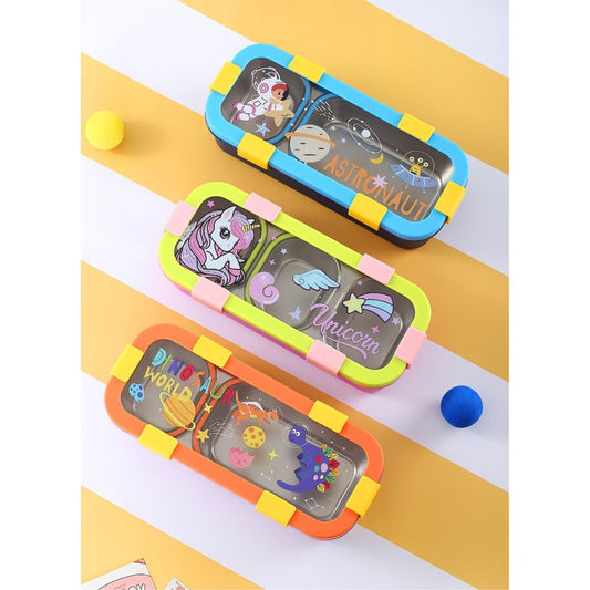 20482 Stainless Steel Kids Lunch Box 2 Compartment 600 ml Purple Astronaut Cartoon Design Tiffin Box with Spoon & Fork for School Leak Proof Resistant BPA Free Boys & Girls {Random Design}