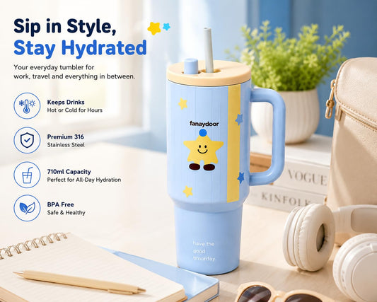 20953 Korean Cute Tumbler with Straw & Handle, (710 mL) Travel Mug for Women & Girls, Leakproof Double Wall 316 Stainless Steel Insulated Cup for Coffee, Water, Juice & Cold Drinks