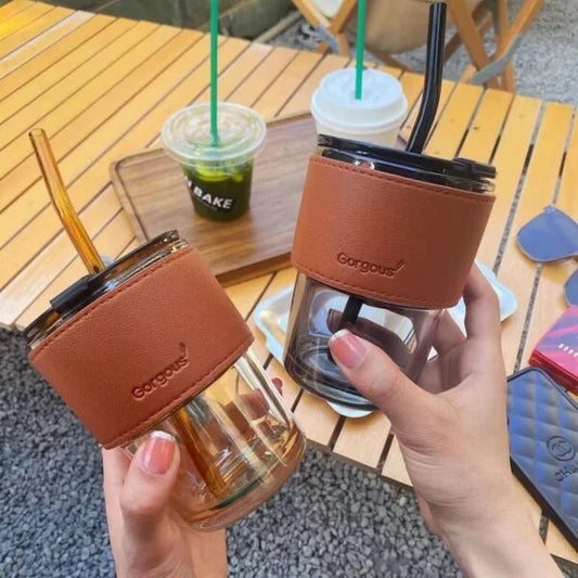 20056 Glass Sipper Tumbler Mug with Straw and Lid Ice Juice Drinks Mug with Straw for Milk/Coffee/Green Tea Cup