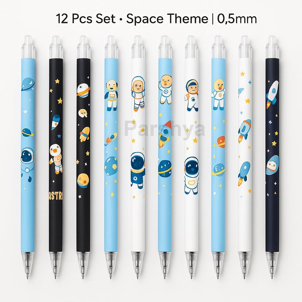 CK-PE-14 {12 Pcs} Planet Space Erasable Gel Pen Set 0.5mm Fine Point – Cute Astronaut Cartoon Erasable Pens with Eraser Tip