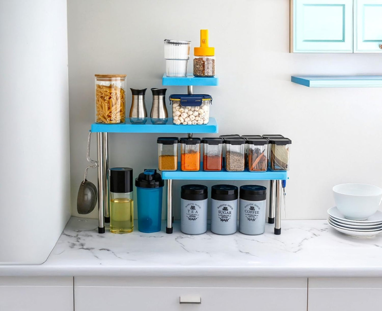 20977 Countertop Organizer Rack | 3 Tier | Kitchen Corner Shelf | Adjustable Stand for Office, Cabinet & Bathroom | Multi-Purpose Storage for Spice Jars and Bottles | Space-Saving Organiser